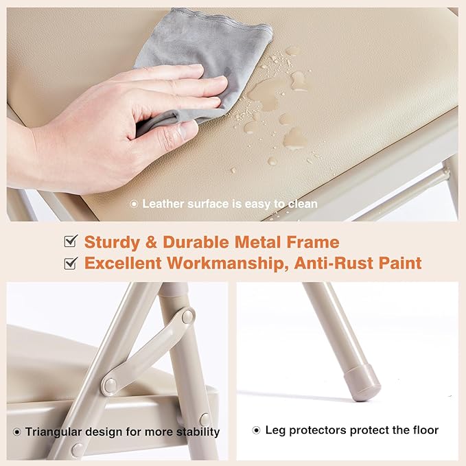 Sweetcrispy Folding Chair 2 Pack, Leather Padded Folding Chairs, Sturdy Metal Foldable Chairs, Easy to Use and Store, Outdoor and Indoor, for Home, Office, Party, Comfy, Kahki