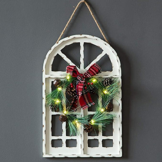 Sunnygalde Indoor and Outdoor Wood Christmas Holiday Wall Hanging Door Decorations Wood Plaqu Signs Christmas Ornament, for Home, School, Office Including Wreath, Wooden Arch and Led Lights (White)