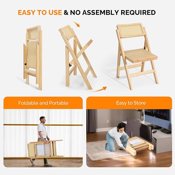 VINGLI 4 Pack Rattan Dining Chair, Wood Folding Chair with 360° Swivel Backrest, Rubberwood Frame and Rattan Woven Seat and Back, Natural Color, Set of 4