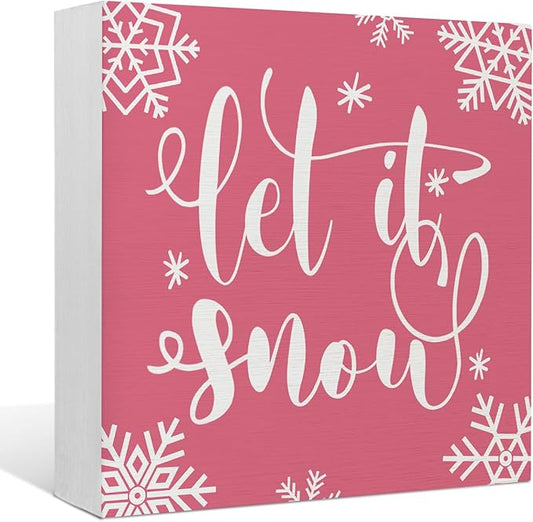 EIONEY Pink Christmas Decorations,Let it Sonw Wooden Box Sign,Pink Winter Christmas Desk Accessories Decor,Seasonal Winter Holiday for Home Bedroom Living Room Office,5x5 Inch