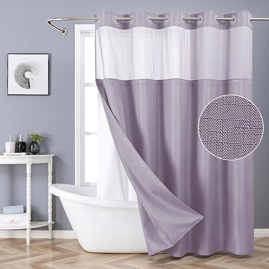 Lavender No Hook Shower Curtain with Snap-in Fabric Liner Set,Slub Textured Fabric Shower Curtains for Bathroom,Hotel Style Modern Shower Curtain,Water Repellent & Washable,71x74(72)