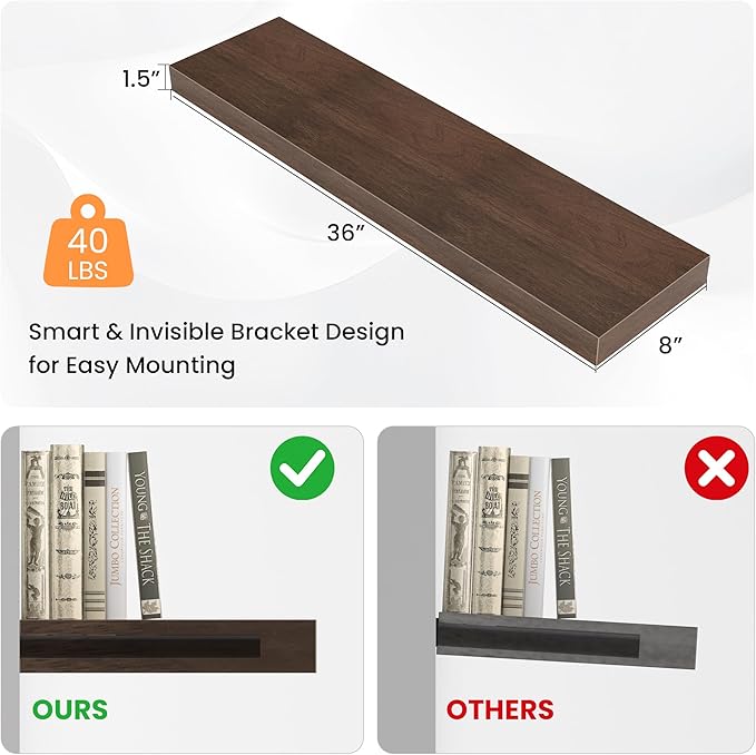 Floating Shelves for Wall, 36" W x 8" D x 1.5" H, Wooden Wall Mounted Display Shelves with Invisible Brackets for Living Room, Bedroom, Bathroom, Kitchen Decor and Storage, Set of 2, Walnut