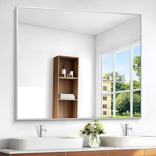 BONEWEI Silver Bathroom Mirror,48x48 inch Wall Mirror for Bathroom Wall Mounted,Large Rectangle Mirror for Bathroom Over Sink,Modern Metal Frame for Living Room,Bedroom Entryway,Horizontal/Vertical