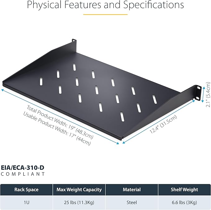 StarTech.com 1U Vented Server Rack Shelf, 12in/31.5cm Mounting Depth, for 19" Rack/Cabinet, SPCC Steel, Max 25lb/11.3kg