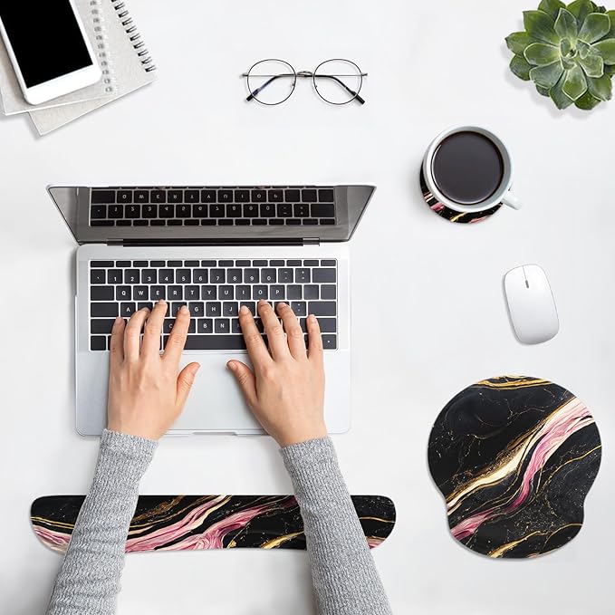 Britimes Black Pink Gold Marble Ergonomic Mouse Pad Set with Wrist Rest Non-Slip Rubber Base Wrist Cushion Support and Coasters Mousepad with Wrist Support for Computer Keyboard and Desk