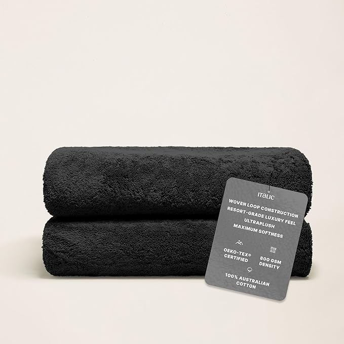 Italic Ultraplush 100% Australian Cotton Bath Sheets - Set of 2 Luxury Extra Large Heavy Duty Bath Sheets, 800GSM Plush and Absorbent Bath Sheets for Hotels, Bath & Spa (Black)
