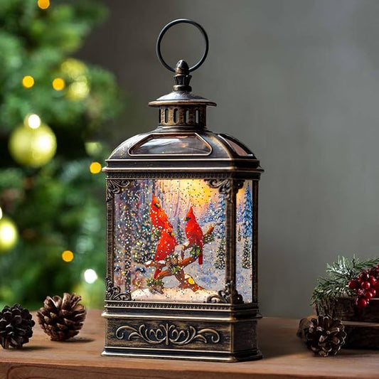 Christmas Snow Globe Lantern 3 Cardinal Perched on a Branch Musical Snow Globe with Swirling Glitter, Christmas Holiday Party Gifts and Decorations