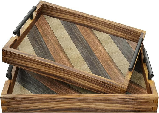 Butizone Wood Serving Tray with Handles, Rustic Ottoman Tray for Breakfast in Bed, Coffee Table, Entertaining, Home Decor, Decorative Nesting Trays, Ideal for Kitchen, Bedroom, Living Room, Set of 2