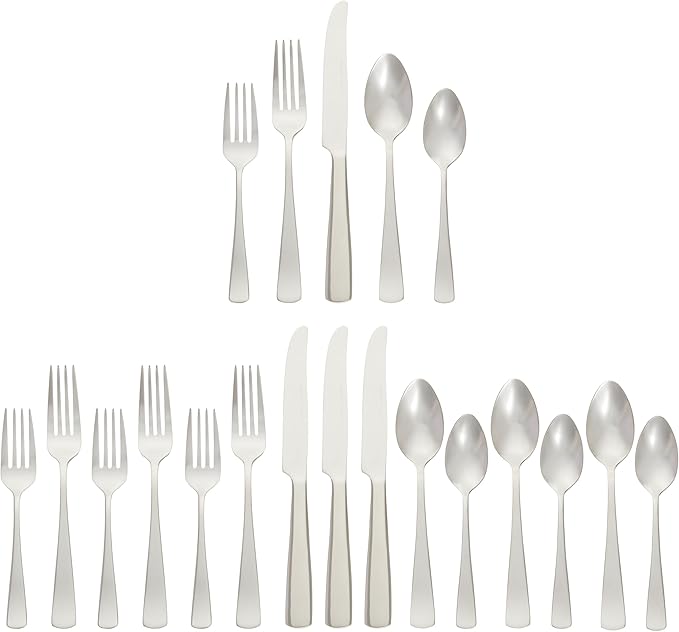 Amazon Basics 20-Piece Stainless Steel Flatware Set with Square Edge, Service for 4, Silver