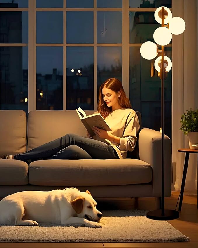 64IN Dimmable Black Floor Lamp, Tall Standing Lamps with 5 Globe Soft Warm White Eye Care 3000K G9 Bulbs, Mid Century Modern Floor Lamp for Living Room Bedroom Office