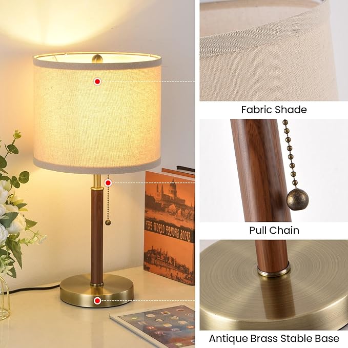 Mid Century Table Lamps Set of 2, 19.5" Modern Bedside Buffet Table Lamps with Pull Chain Switch, Antique Brass & Wood Small Nightstand Lamps for Living Room Bedroom End Table