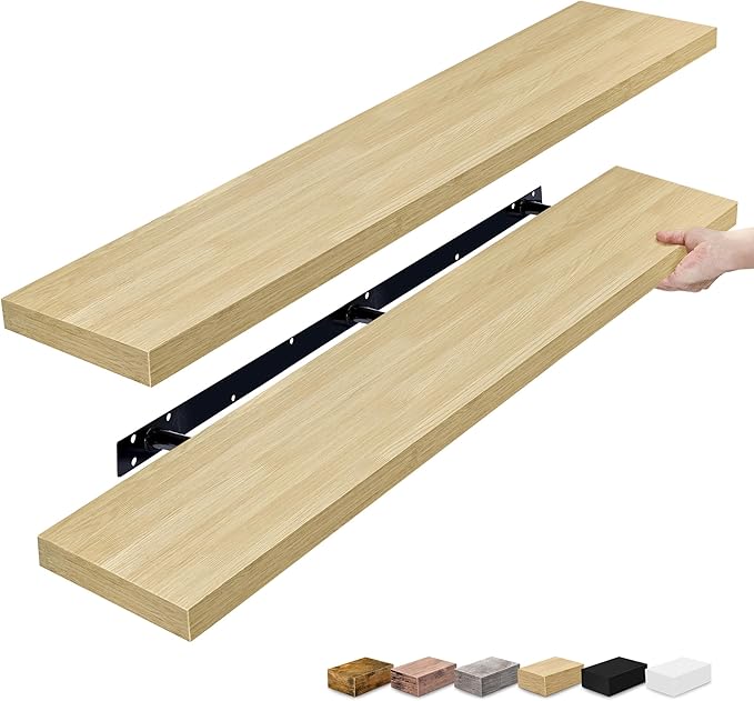 Sorbus Floating Shelves for Wall - 55 Inch Extra-Long Bathroom Shelves, Wall Decor for Bedroom, Kitchen, Living Room, Book Storage - Mounted Floating Shelf with Hidden Brackets (Maple Wood, 2 Pack)