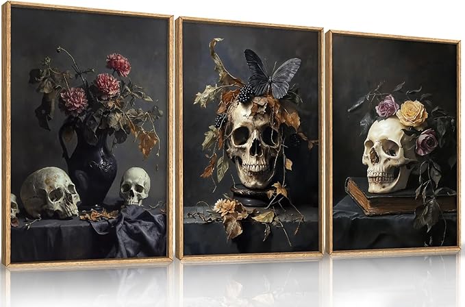 Large Vintage Skull Halloween Floral Framed Canvas Wall Art Set, Abstract Skeleton Butterfly Wall Decor,Moody Dark Rose Artwork for Living Room,Bedroom,Dining Room,Office -24"x36"x3