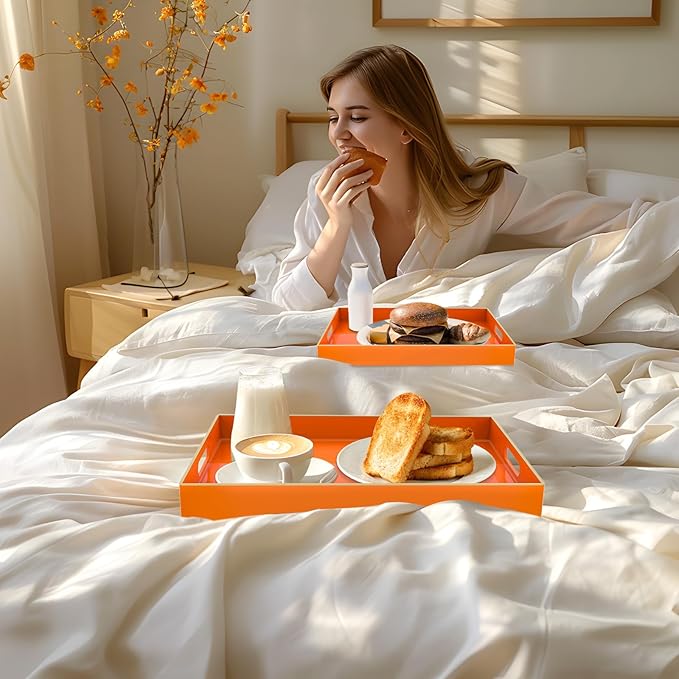 MAONAME Orange Serving Trays Set of 2, Plastic Decorative Trays with Handles, Rectangular Coffee Table Trays for Ottoman, Nesting Trays for Living Room, Bedroom