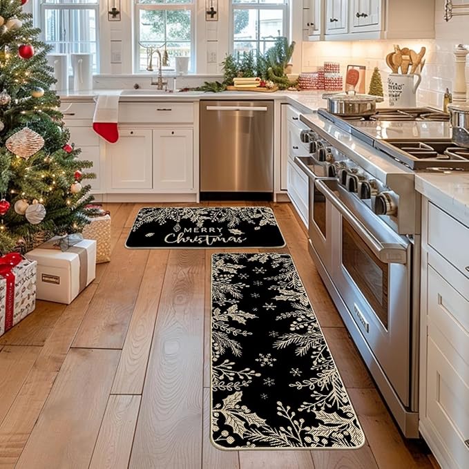Artoid Mode Black Holly Pine Branches Merry Christmas Kitchen Mats Set of 2, Winter Decor Low-Profile Kitchen Rugs for Floor - 17x29 and 17x47 Inch