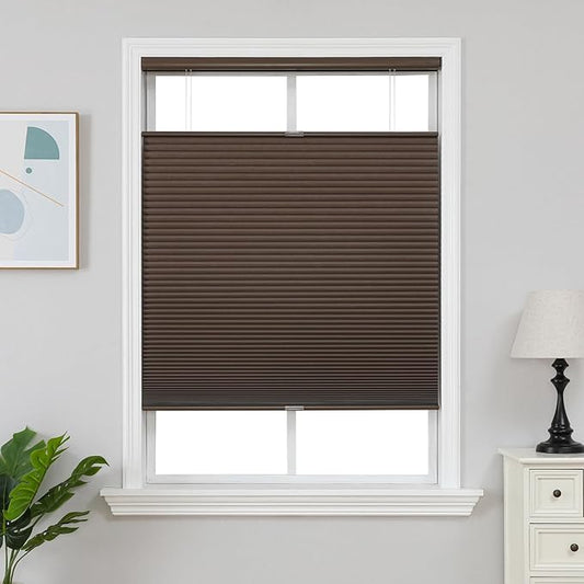 Joydeco No Tools No Drill Blinds for Indoor Windows, Cordless Window Blinds Cellular Shades Top Down Bottom Up Blackout Honeycomb Blinds Thermal Insulated Noise Reduction (Dark Brown, 46" W x 64" H)