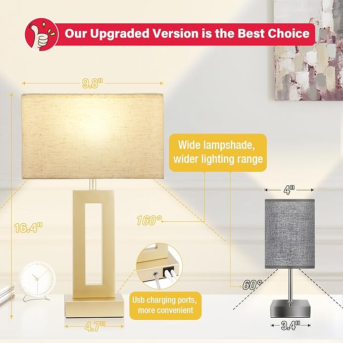 Bedroom Table Lamps Set of 2 - Beige Gold Touch Bedside Lamps with USB C+A, 3 Way Dimmable Gold Lamp for Nightstand, Modern Night Stands Lamps for Living Room