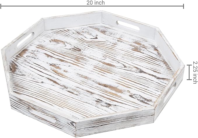 MyGift 20 Inch Shabby White Washed Solid Wood Decorative Octagon Shaped Tray, Wooden Octagonal Serving Platter with 4 Cutout Handles, Table Centerpiece Home Decor