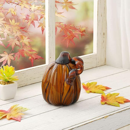 Glitzhome 4.33" Decorations Glass Pumpkin Amber Striped Pumpkin Thanksgiving Fall Harvest Ornaments