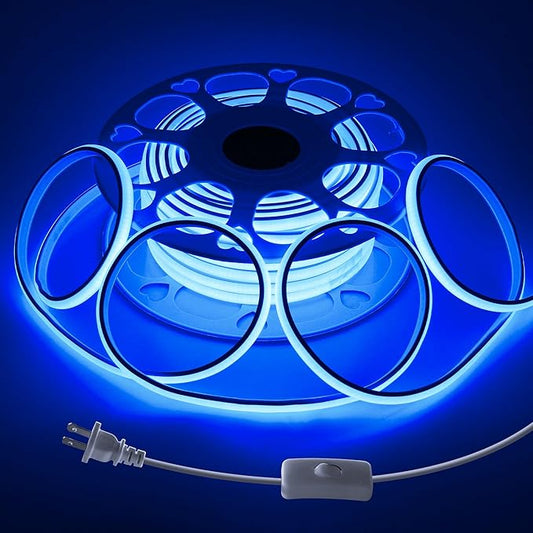 Blue COB LED Strip Lights Outdoor Waterproof 120V 65.6FT COB LED Rope Lights Indoor Super Bright Flexible LED Tape Lights with Switch Plug in 288Leds/M for Indoor Exquisite Wall Decor 20M