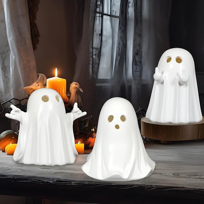 Halloween Decorations Indoor, Set of 3 Light Up Ghost Decorations, Spooky Home Decor Ghosts Figurines for Mantel Tray Shelf Table