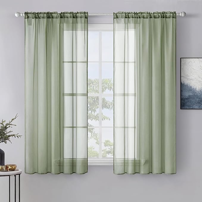 MIULEE 2 Panels Sage Green Sheer Window Curtains Elegant Window Voile Panels/Drapes/Treatment for Bedroom Living Room (54X45 Inches)
