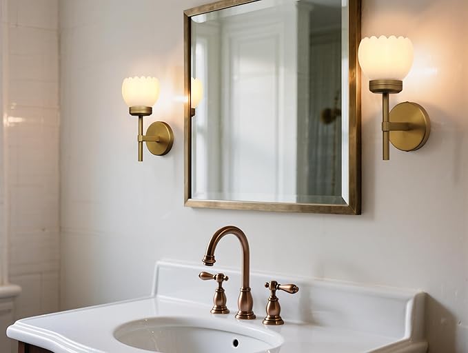 Yosoan Brass Boho Indoor Vintage Wall Sconce Set of 2, Modern Vanity Gold Industrial Hardwired Wall Mounted with Milk Transparent Tulip Flower Shade for Living Room Bedroom Kitchen Hallway(Antique)