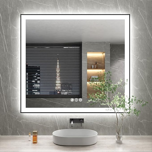 40x36 Inch LED Bathroom Mirror with Black Frame, Backlit and Front Lighted Bathroom Mirrors for Wall, Anti-Fog, Dimmable, Memory, Shatterproof, LED Vanity Mirror for Bathroom