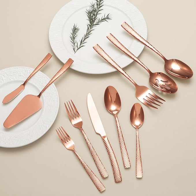 Large Hostess Serving Utensils Set, Stainless Steel Heavy Duty Hammered Serving spoons, Slotted Spoons, Serving Fork, Cake Server, Butter Knife, Dishwasher Safe（Rose Gold）