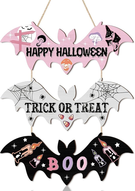 HPNIUB Halloween BOO Door Sign Decorations, Happy Halloween Welcome Hanging Wood Sign for Front Door, Wooden Bat Spider Wooden Plaque Ornaments for Home Wall Halloween Party Decor