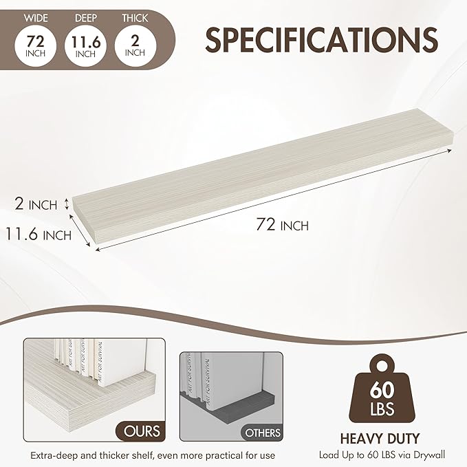 72 Inch Floating Shelves, 12" Deep Floating Shelf Wall Mounted, 72" Wall Shelves, Rustic Deep Bookshelf, Extra Deeper & Thicker Display Shelves for Bedroom, Living Room, Gray, Set of 1