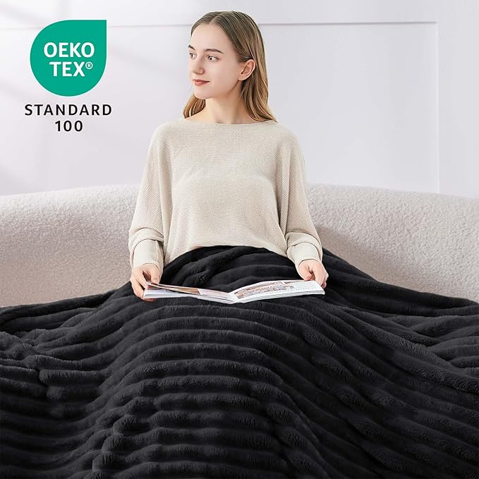 BEDELITE Fleece Throw Blanket for Couch - 300GSM Soft & Warm Fluffy Black Blanket, Decorative and Giftable Striped Blankets for Women, Men, 50"x70"