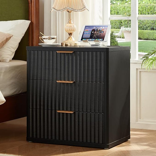 LEYAOYAO 23" Wide Fluted Night Stand with Charging Station,3 Drawers Large End Table with Storage,Black Nightstand Wood Bedside Tables, Farmhouse Cabinet Dresser for Bedroom,Closet