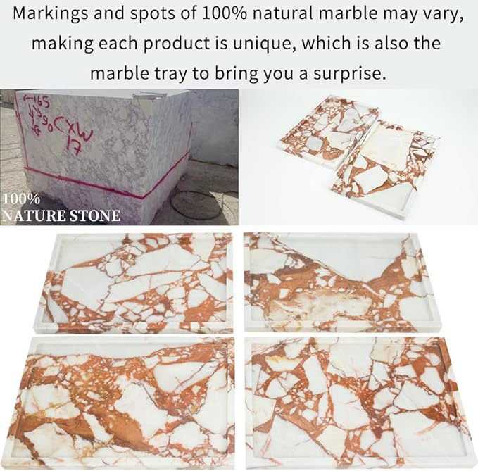 100% Natural Marble Serving Tray Luxury Marble Storage Tray for Home Decor Stone Tray for Bathroom/Kitchen/Vanity/Dresser,Plate Holder for Tissues, Candles, Towel