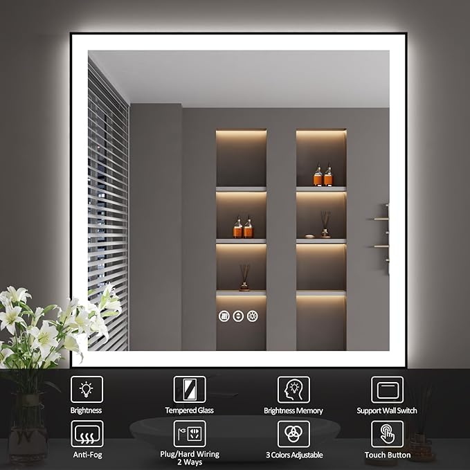 36x36 Inch LED Bathroom Mirror with Black Frame, Backlit and Front Lighted Bathroom Mirrors for Wall, Anti-Fog, Dimmable, Memory, Shatterproof, LED Vanity Mirror for Bathroom