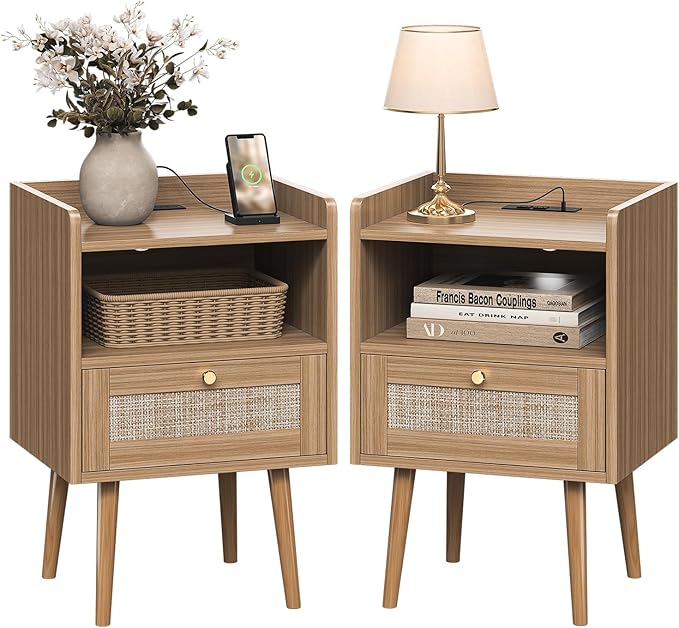 Night stand Set of 2, Bedside Tables with Charging Station, Rattan End Tables, Bed Side Tables, Wood Nightstands set of 2 for Farmhouse Kids' Room Bedroom Living Room Dorm Sofa Office Corner(Brown)