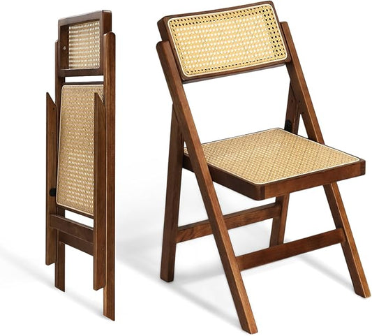 VINGLI 2 Pack Rattan Wooden Folding Chair, Dining Folding Chair with 360° Swivel Backrest, Sturdy Rubberwood Frame and Rattan Woven Seat and Back, Walnut, Set of 2