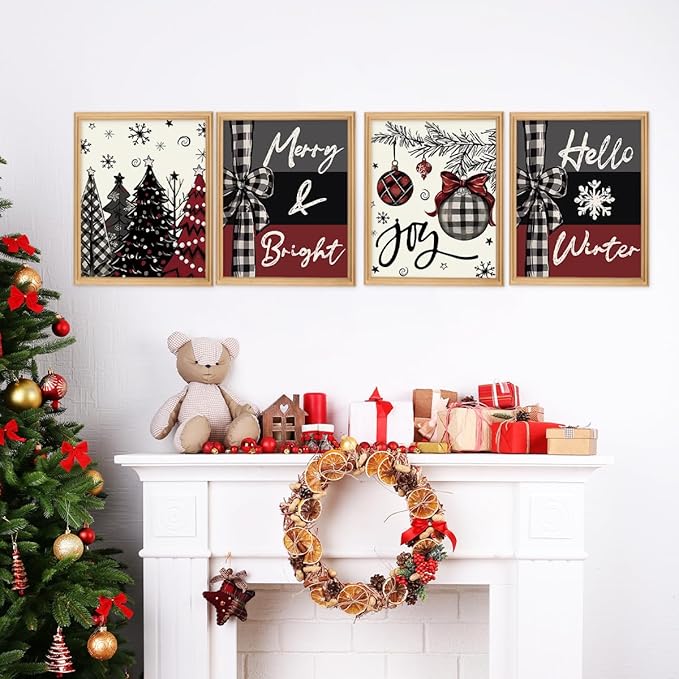Wheatwin Winter Christmas Decor Wall Art Prints Set of 4, Christmas Tree Wall Decor, Hello Winter Xmas Merry Christmas Decor for Home Bedroom Living Room, 8x10 (Unframed)