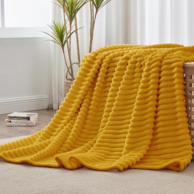 BEDELITE Twin Blanket for Couch & Bed, 300GSM Soft & Warm Fleece Blanket, Decorative and Giftable Striped Mustard Yellow Blankets for Women, Men, 60"x80"