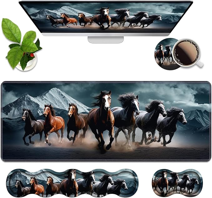 4 in 1 Ergonomic Memory Foam Mouse Pad Wrist Rest Set, Large XXL Gaming Desk Pad + Keyboard Wrist Rest + Mouse Wrist Cushion + Coaster for Home Office Study Gaming, Running Horses