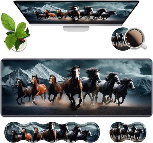 4 in 1 Ergonomic Memory Foam Mouse Pad Wrist Rest Set, Large XXL Gaming Desk Pad + Keyboard Wrist Rest + Mouse Wrist Cushion + Coaster for Home Office Study Gaming, Running Horses