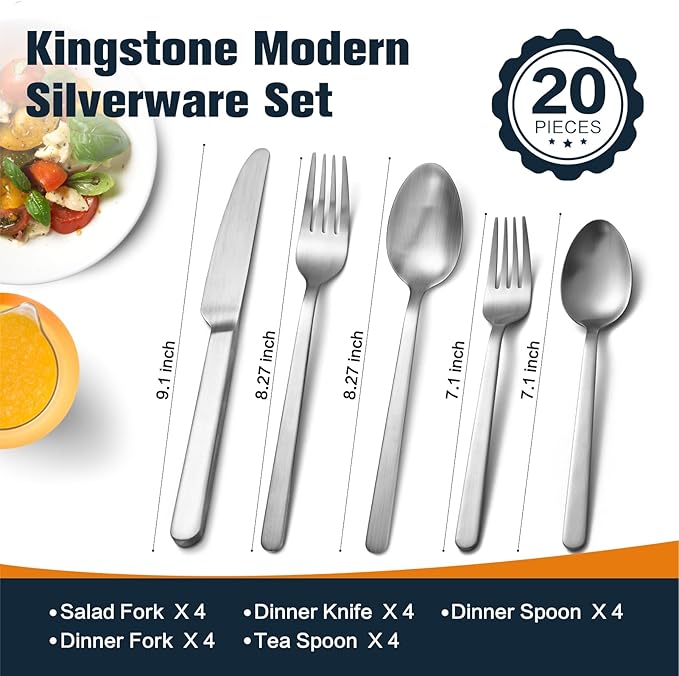 KINGSTONE Forged Silverware Set, 20 Piece Flatware Set for 4, 18/10 Stainless Steel Silverware Utensils Set, Matte Satin Finish Dishwasher Safe(Matte Silver)