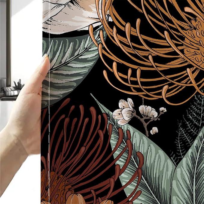 Sanzugh Boho Floral Shower Curtain, Pretty Vintage Bohemian Flower Botanical Leaves Fabric Shower Curtains Set for Bathroom Decoration with Hooks 72 X 72 inch Black Dark Bath Decor