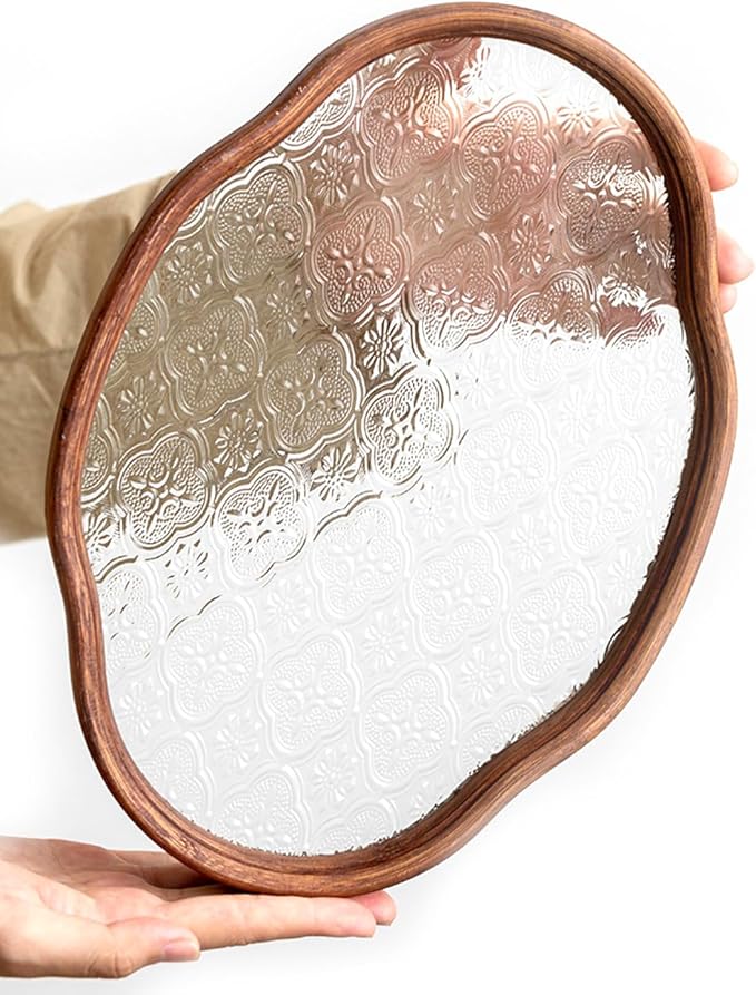 IwaiLoft Glass Serving Tray with The Crabapple Pattern Glass and Walnut for Kitchen Countertop Home Decor for Coffee Table, Also Suitable for Tea Coffee Decorative Trays (Clear,11.4" x 7.8" x 1")