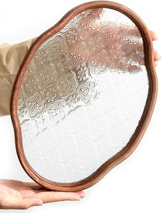 IwaiLoft Glass Serving Tray with The Crabapple Pattern Glass and Walnut for Kitchen Countertop Home Decor for Coffee Table, Also Suitable for Tea Coffee Decorative Trays (Clear,11.4" x 7.8" x 1")