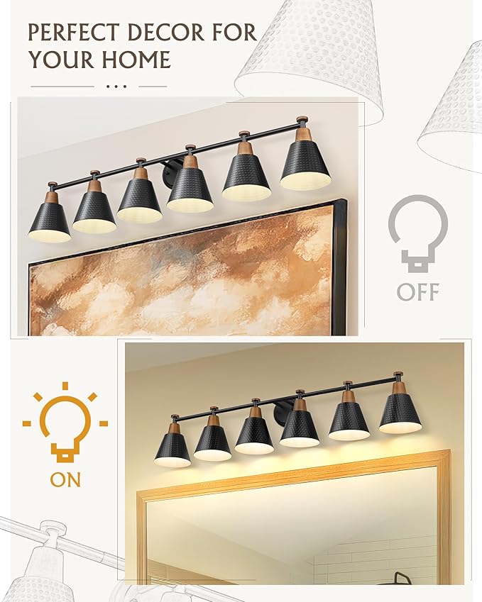 FEMILA Black 6 Light Bathroom Vanity Light, Vintage Bathroom Light Fixtures Over Mirror, E26 Base, 4FG59B-6W BK