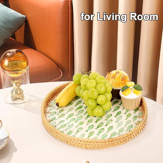 Round Rattan Tray with Mother of Pearl Inlay, Rattan Serving Tray for Coffee, Bread, Fruits, Decorative Wicker Tray for Table Decor, Home Decor, Kitchen Island Decor (Round Green Fish, 11.8")