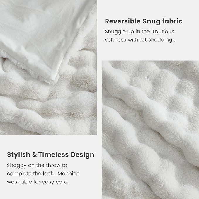 Cozy Bliss Faux Fur Throw Blanket for Couch, Fuzzy Soft Plush Thick Bubble Blanket for Sofa Bedroom Living Room, 108 * 90 Inches Cream White