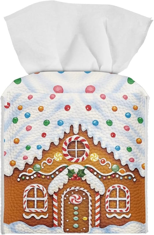 Christmas Tissue Box Square Cover Holder & Dispenser Modern Decorative PU Leather Tissue Box Holder Aesthetic Facial Paper Organizer Dispenser for Bedroom/Bathroom/Kitchen