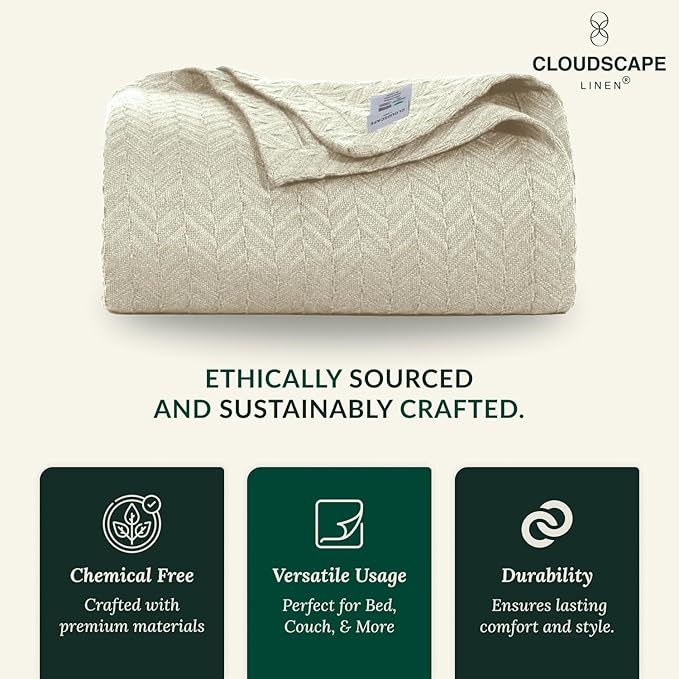 Cloud Scape Linen Herringbone Cotton Throw Blanket for Couch, Bed,Sofa, Home Decor, Soft, Lightweight, All-Season Bed Blanket, 50 x 70,Beige Fog